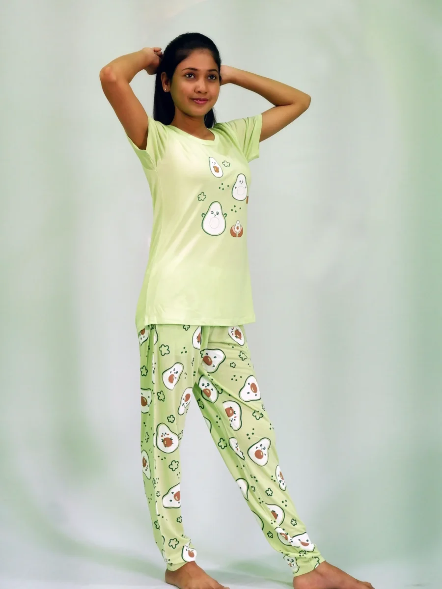 Avocado Print T-shirt & Pant Night Dress in Lettuce Green - Image 3