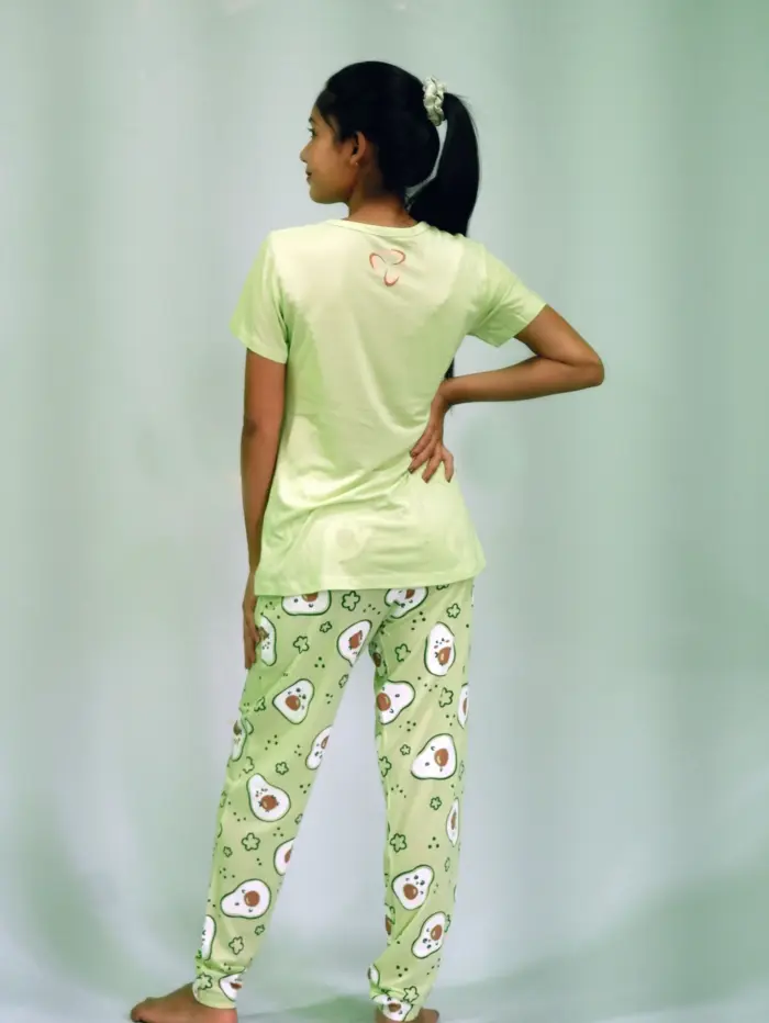 Avocado Print T-shirt & Pant Night Dress in Lettuce Green