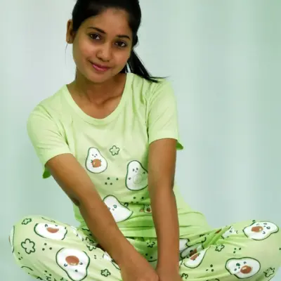 Avocado Print T-shirt & Pant Night Dress in Lettuce Green