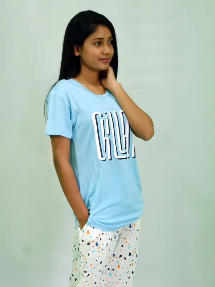 Chillax Print Air Blue T-shirt & Tofu Pant Night Dress