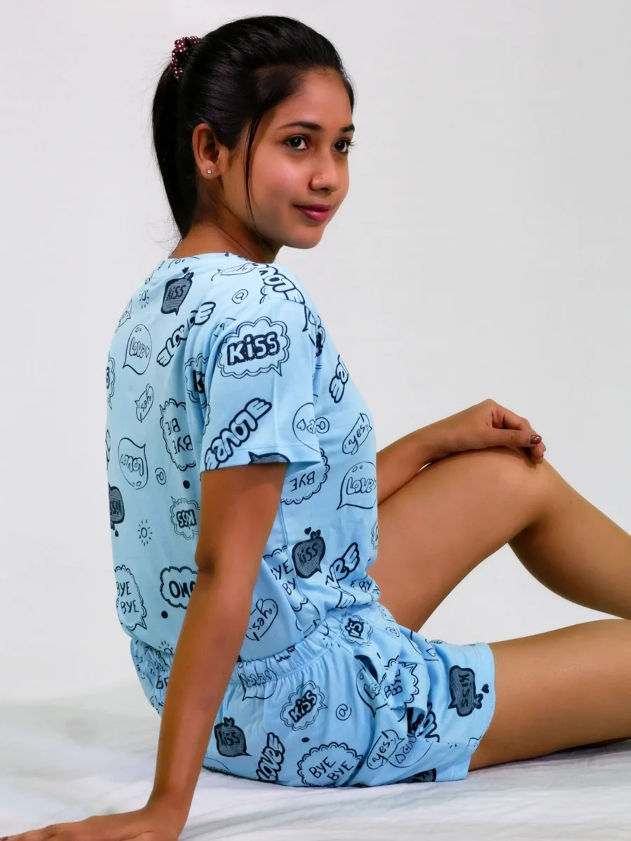 Happy Thoughts Print T-shirt & Shorts Set in Air Blue - Image 4