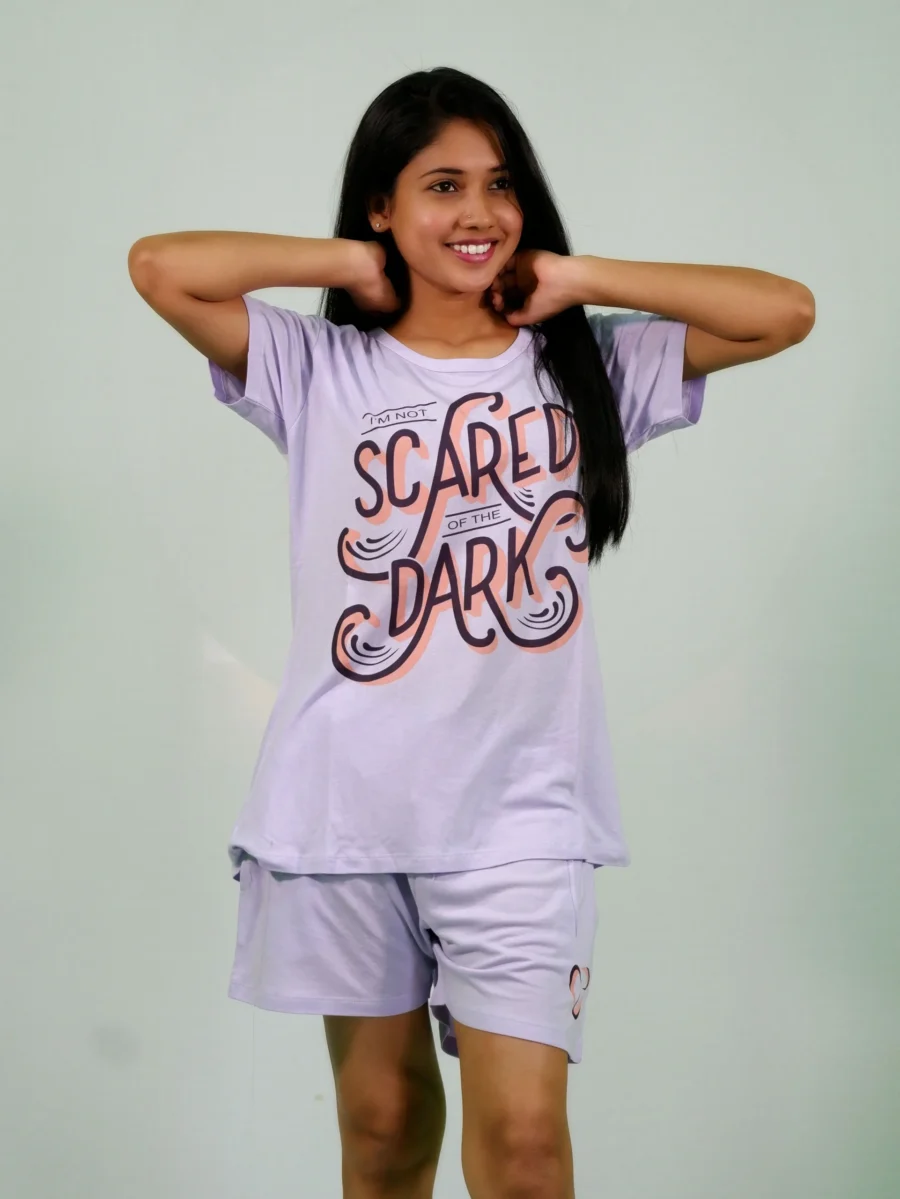 I’m Not Scared of the Dark T-shirt & Shorts Set in Pastel Lilac - Image 2