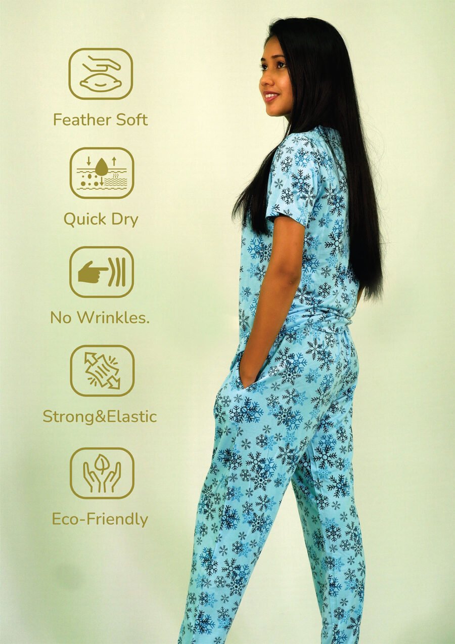 Snowflake Print T-shirt & Pant Night Dress in Air Blue - Image 6