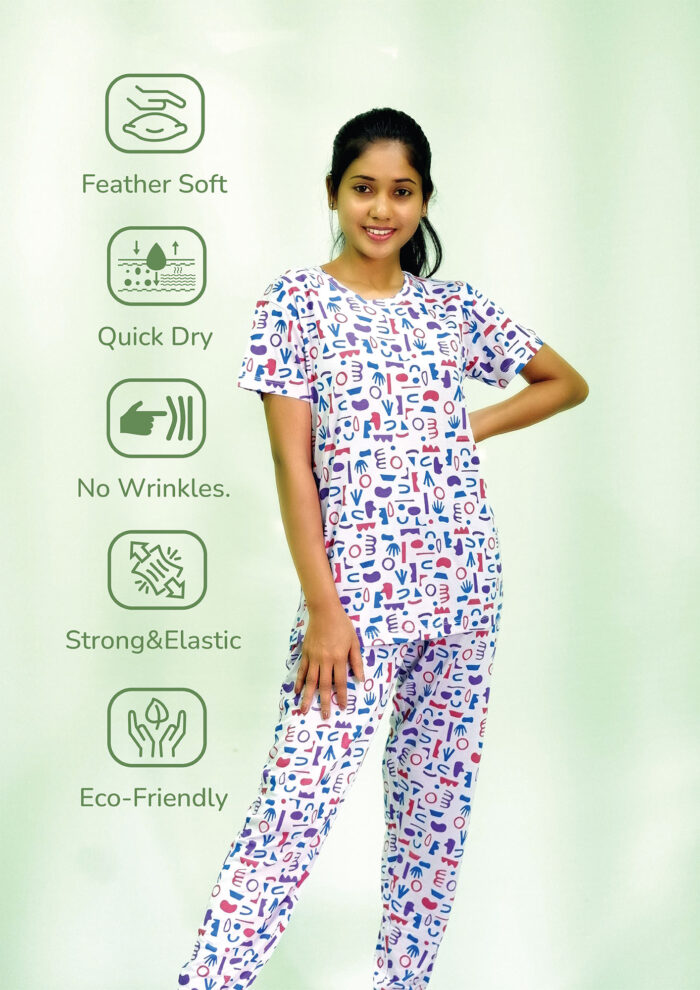 Random Objects Print T-shirt & Pant Night Dress in Pastel Lilac