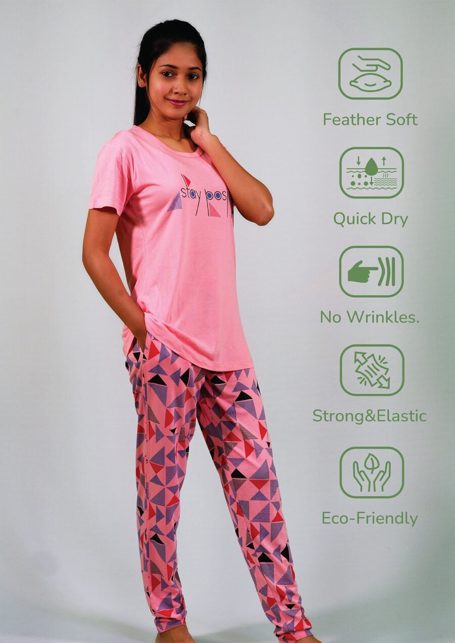 Stay Positive T-shirt & Pant Night Dress in Salmon Rose - Image 3