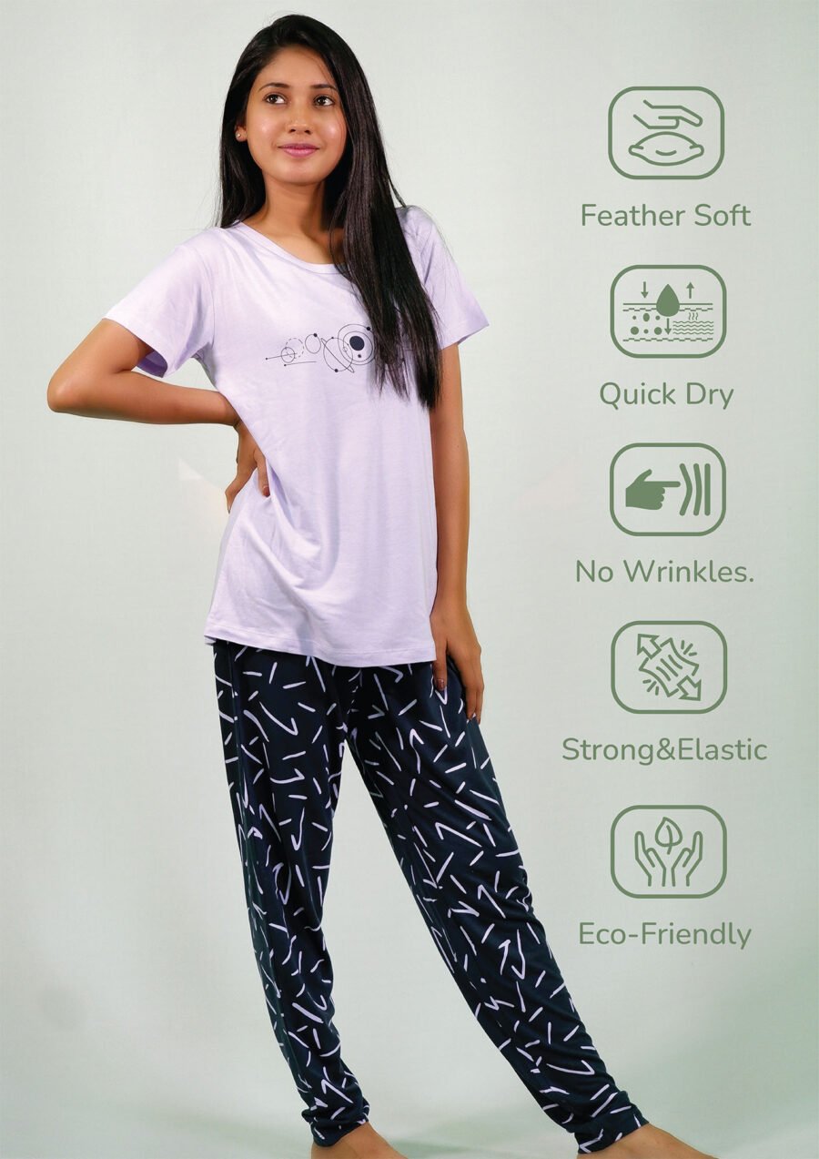 Planets Print Lilac T-shirt & Navy Pant Night Dress - Image 3