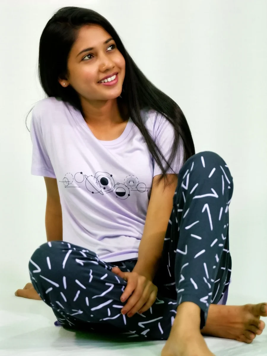 Planets Print Lilac T-shirt & Navy Pant Night Dress - Image 2