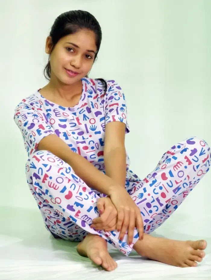 Random Objects Print T-shirt & Pant Night Dress in Pastel Lilac