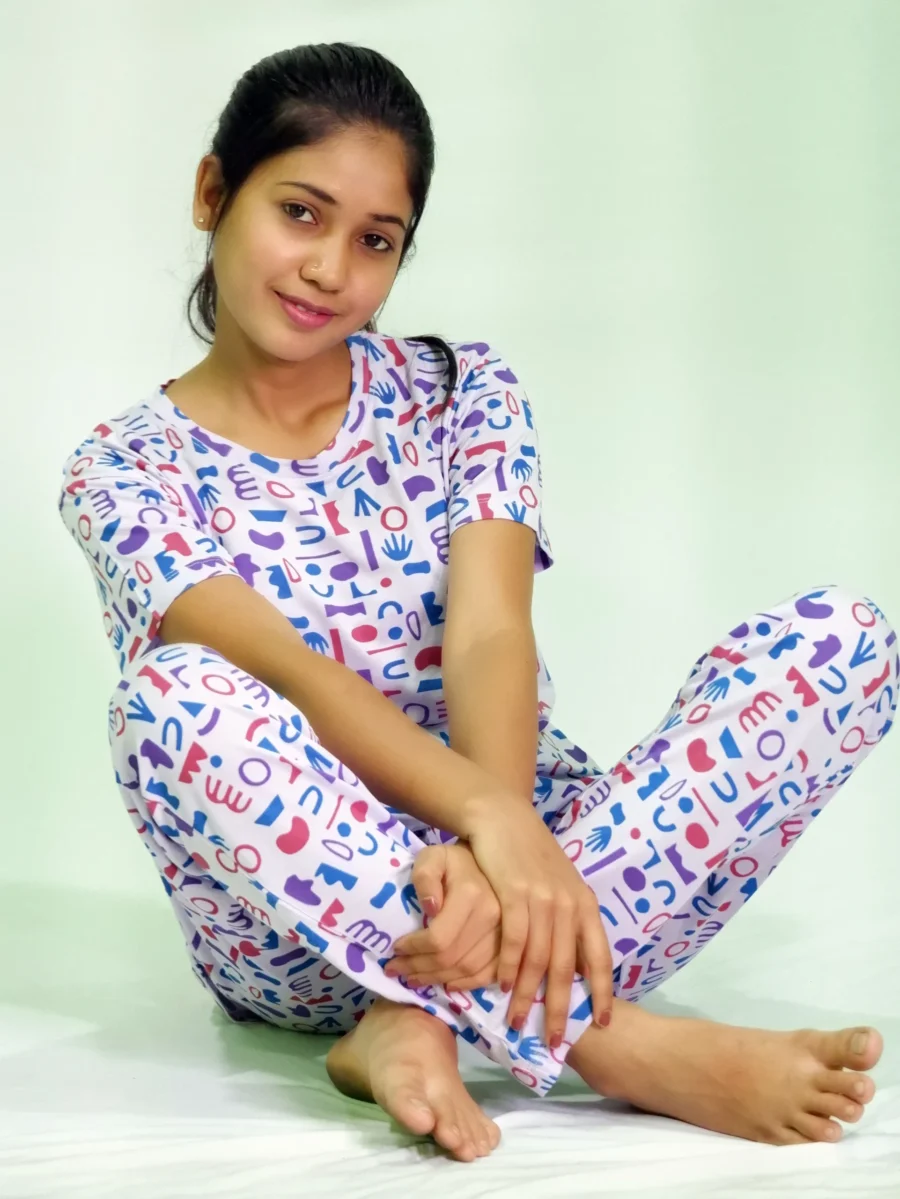 Random Objects Print T-shirt & Pant Night Dress in Pastel Lilac - Image 5
