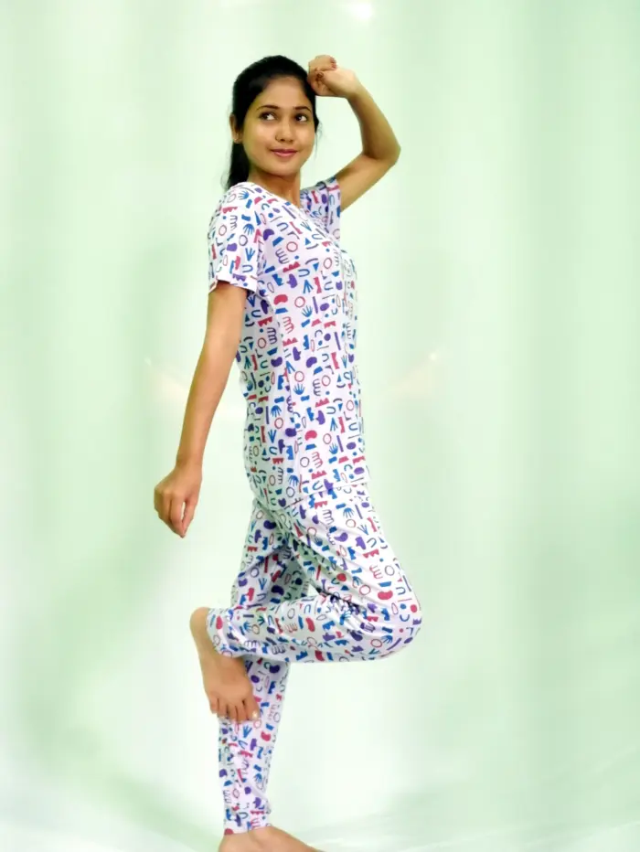 Random Objects Print T-shirt & Pant Night Dress in Pastel Lilac