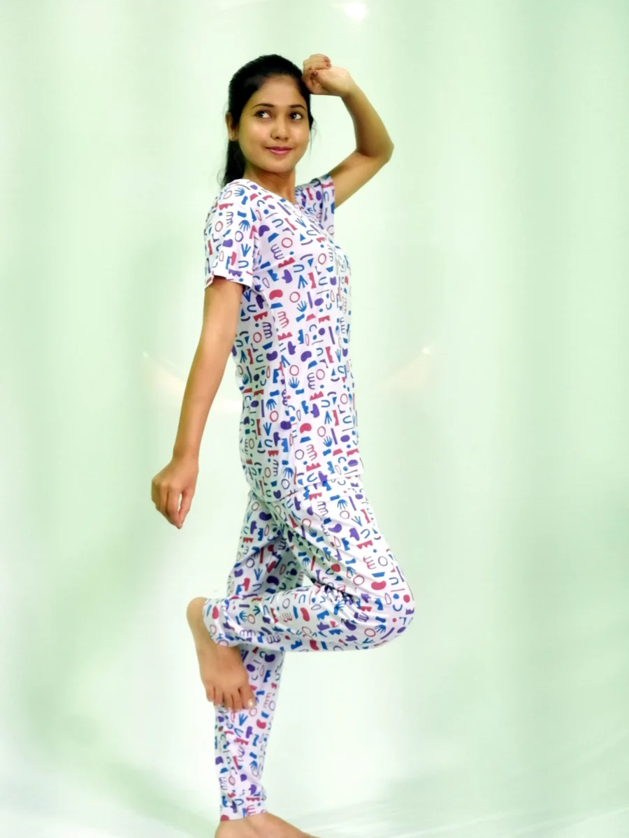 Random Objects Print T-shirt & Pant Night Dress in Pastel Lilac - Image 4