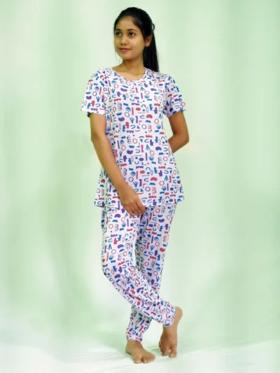 Random Objects Print T-shirt & Pant Night Dress in Pastel Lilac
