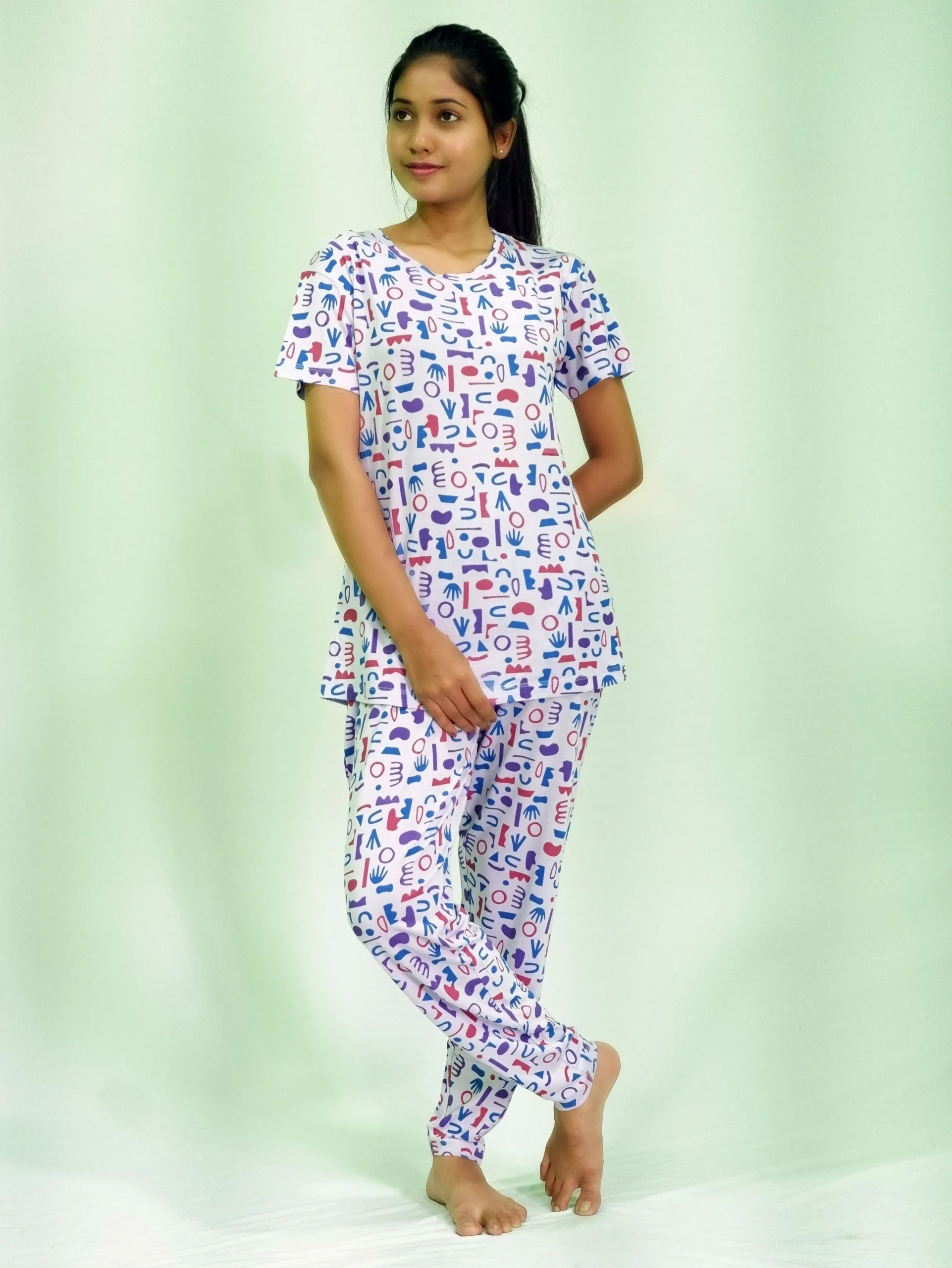 Random Objects Print T-shirt & Pant Night Dress in Pastel Lilac
