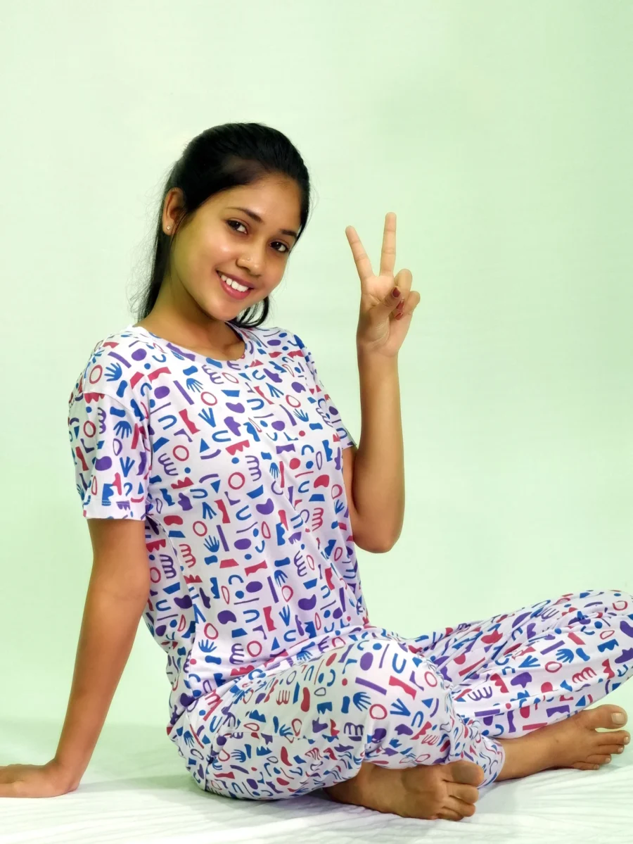 Random Objects Print T-shirt & Pant Night Dress in Pastel Lilac - Image 3