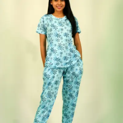 Snowflake Print T-shirt & Pant Night Dress in Air Blue