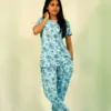 Snowflake Print T-shirt & Pant Night Dress in Air Blue