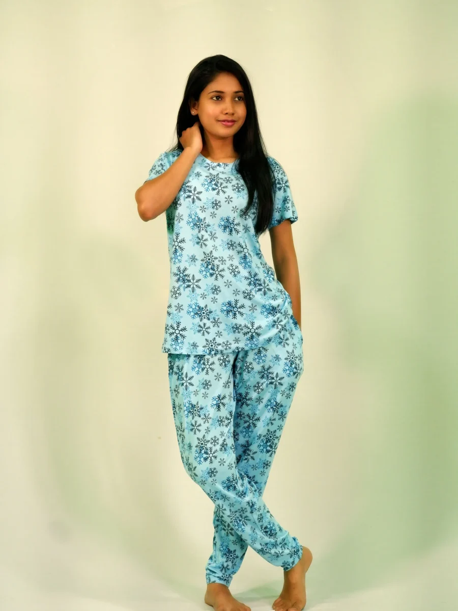 Snowflake Print T-shirt & Pant Night Dress in Air Blue - Image 2