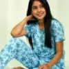 Snowflake Print T-shirt & Pant Night Dress in Air Blue