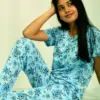 Snowflake Print T-shirt & Pant Night Dress in Air Blue
