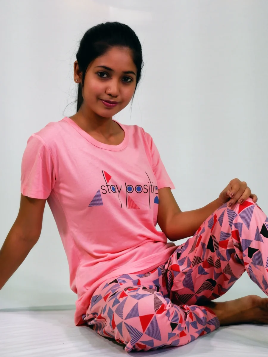 Stay Positive T-shirt & Pant Night Dress in Salmon Rose - Image 4